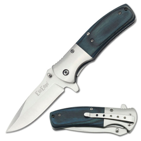 BLUE Wood Handle Spring-Assisted Stainless Steel Folding Knife