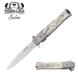 7.25 Inch Stiletto Style Pearl Handle Spring Assisted Folding Knife