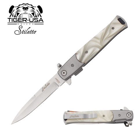 7.25 Inch Stiletto Style Pearl Handle Spring Assisted Folding Knife