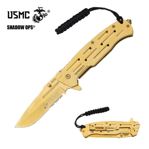 Co'Ops Flip Golden Edge Serrated Marine USMC Officially Licensed Military Knife by Shadow Ops®