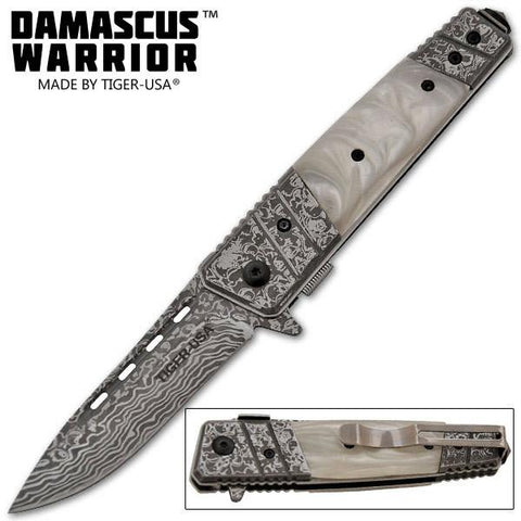 Damascus Design Warrior Trigger Action Knife